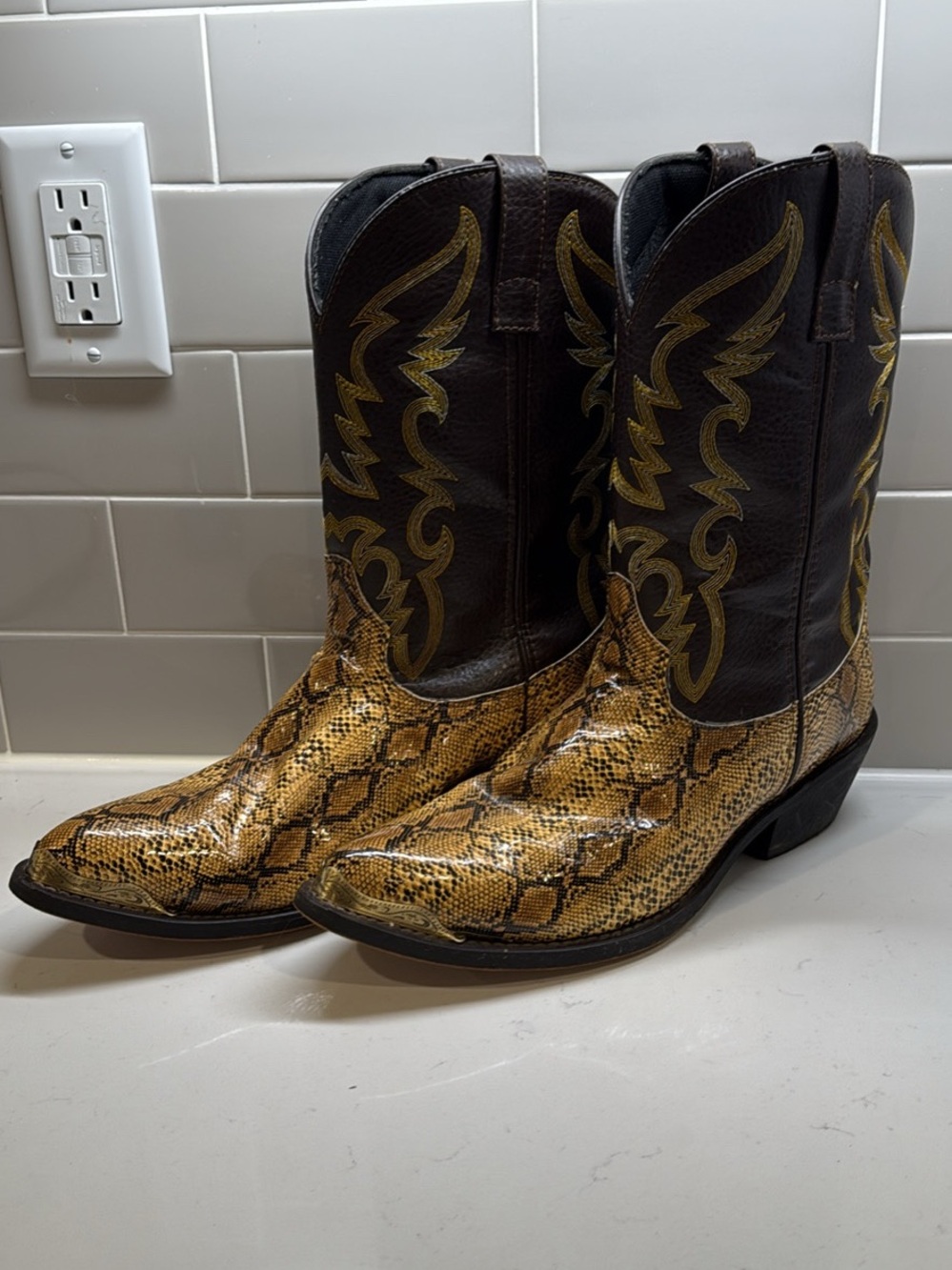 Laredo Brown and Gold Snake-Print Western Boots